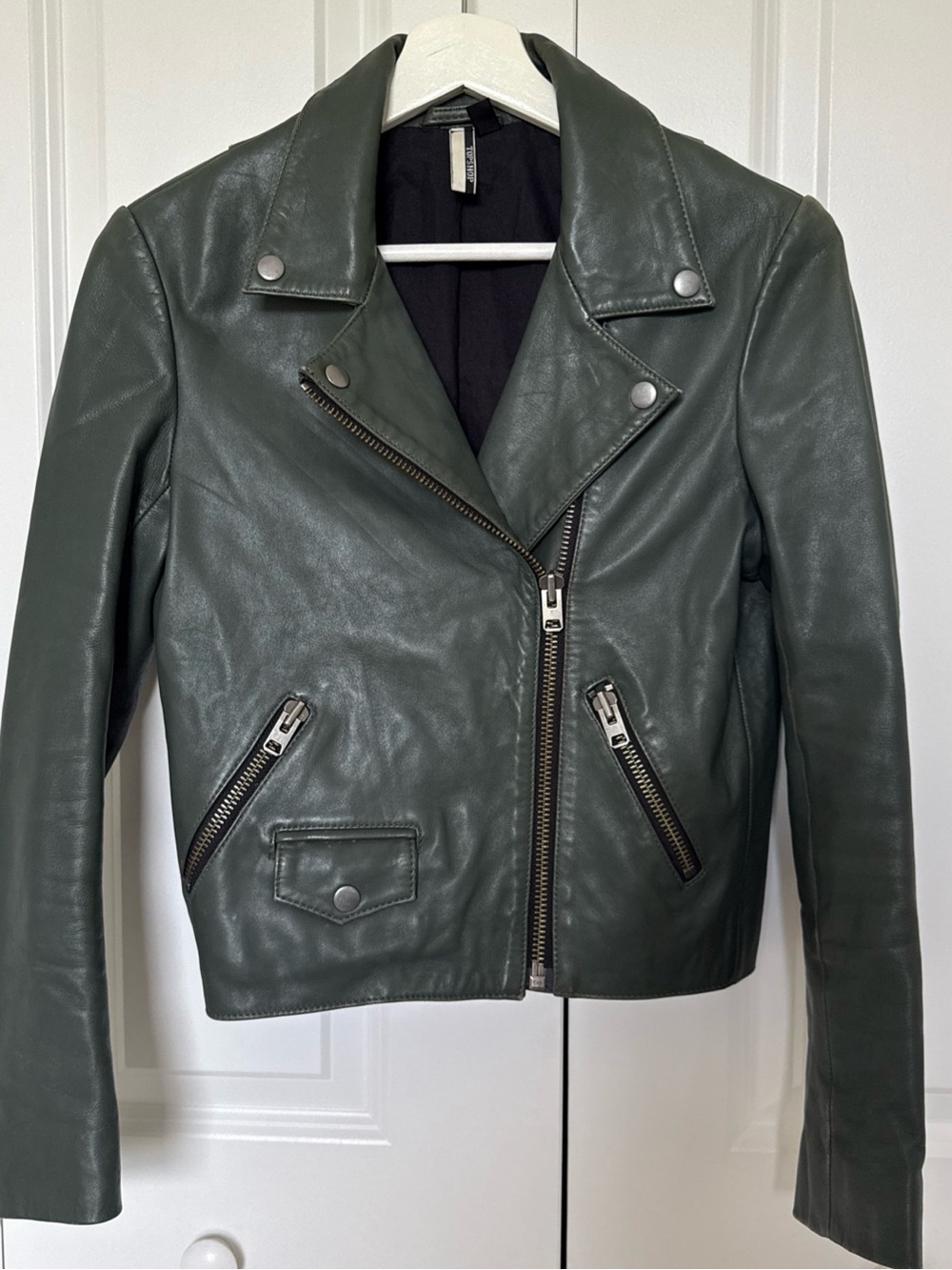 Topshop Green Womens Real Leather Biker Moto Jacket Size 6